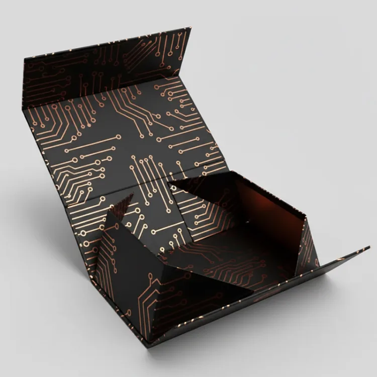Rigid Electronics Packaging Box – Black with Gold Foil – Tech-Style Design