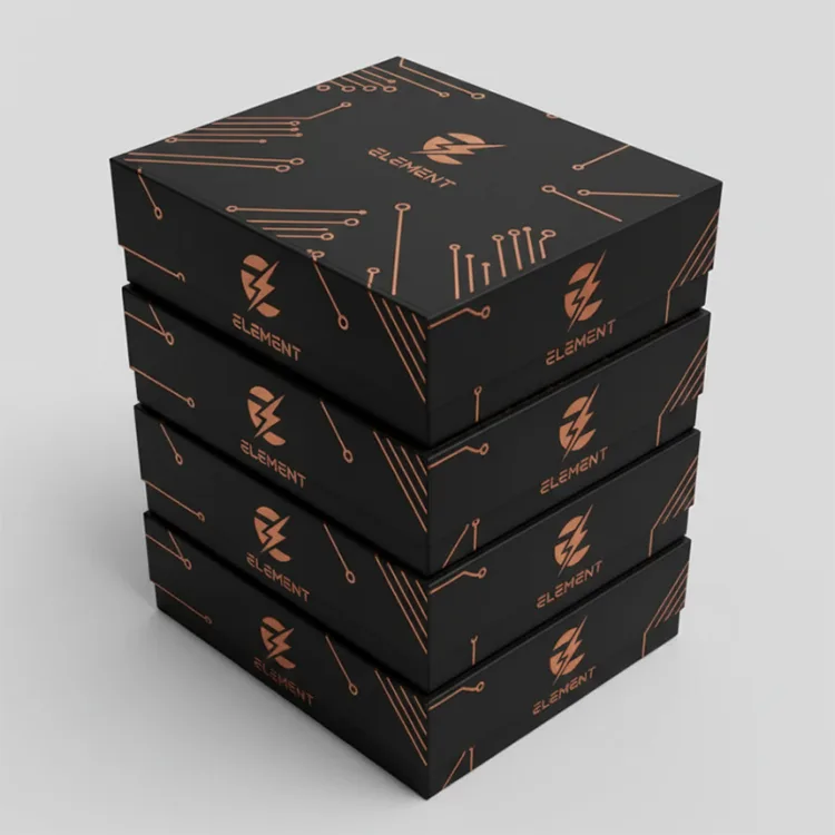 Rigid Electronics Packaging Box – Black with Gold Foil – Tech-Style Design