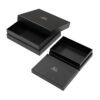 Black two-piece rigid box with separate lift-off lid beside the open base