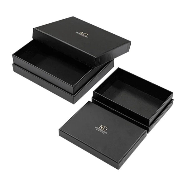Black two-piece rigid box with separate lift-off lid beside the open base