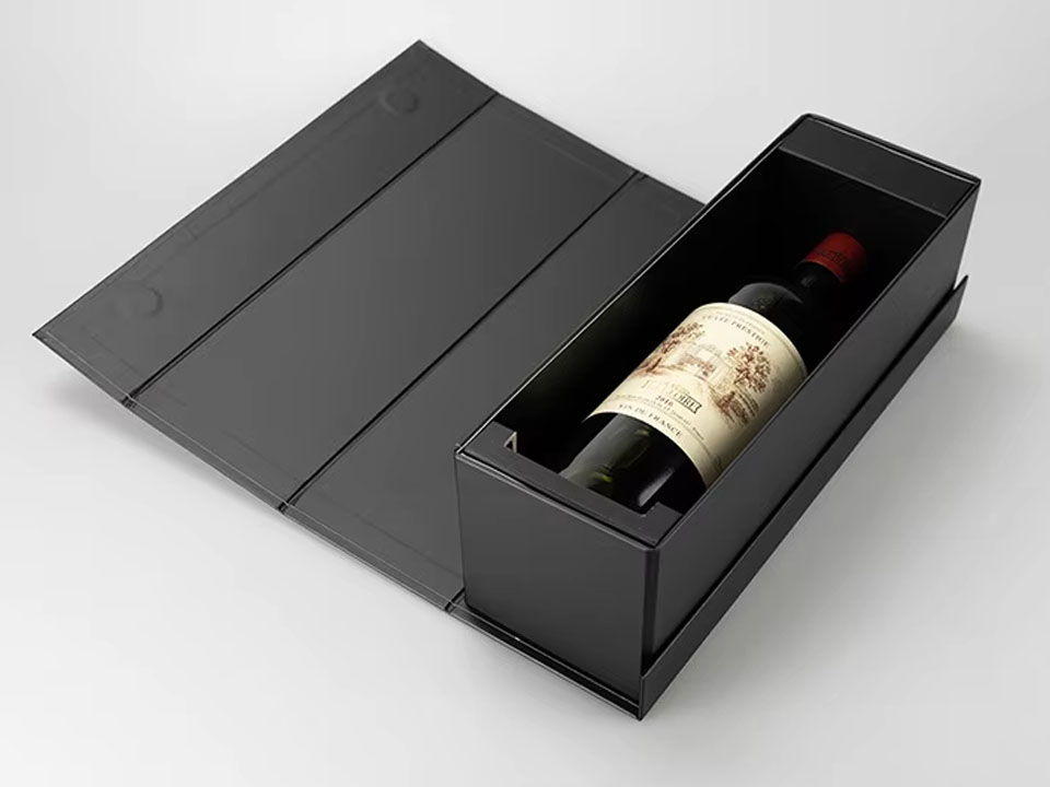 Book-style rigid wine gift box with foil logo