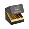 Closed black rigid serum ampoule box with gold foil front branding and visible gold interior edge