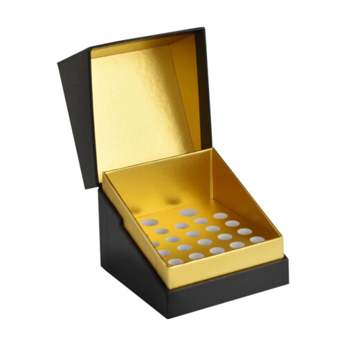 Open black hinged serum ampoule gift box with gold multi-well insert and glass ampoules