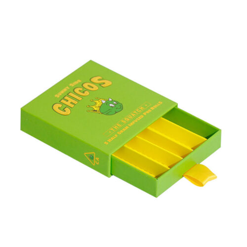 Open green pre-roll drawer box with yellow internal dividers and ribbon pull Open green pre-roll drawer box with yellow internal dividers and ribbon pull