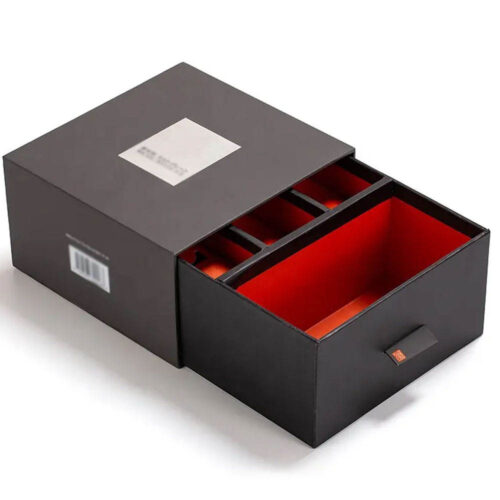 Black Rigid Drawer Gift Box with Red Dividers and Pull Tab