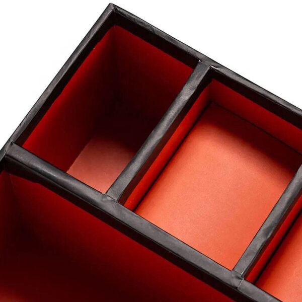 Black Rigid Drawer Gift Box with Red Dividers and Pull Tab