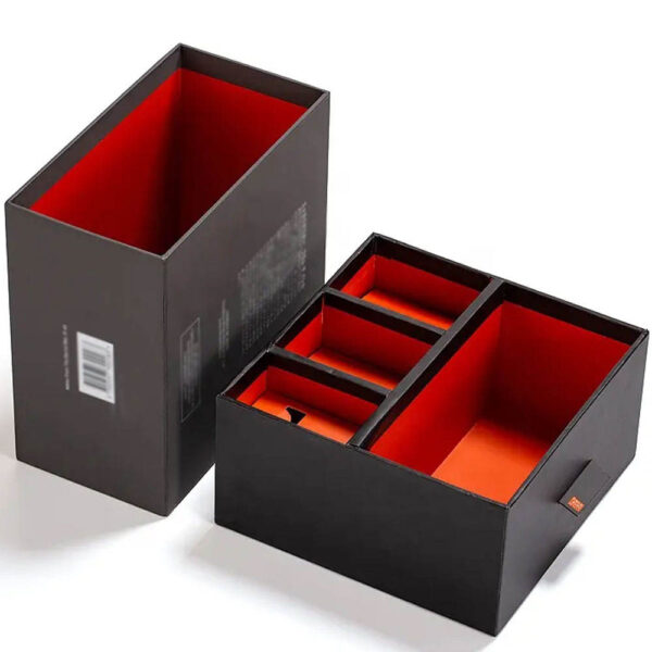 Black Rigid Drawer Gift Box with Red Dividers and Pull Tab