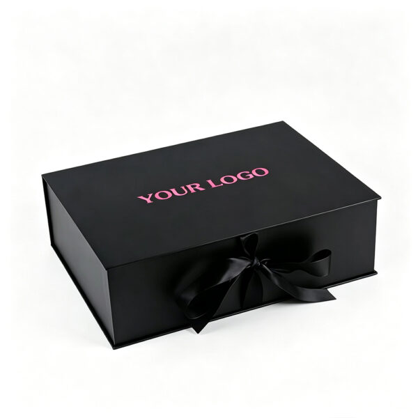 Black Rigid Wig Gift Box with Pink Satin and Ribbon Bow