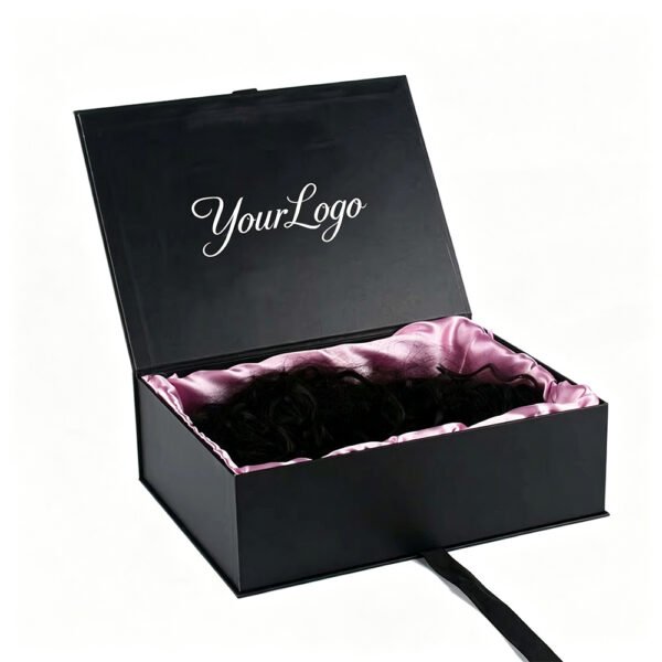 Black Rigid Wig Gift Box with Pink Satin and Ribbon Bow
