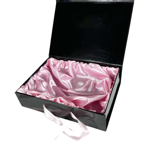 Black Rigid Wig Gift Box with Pink Satin and Ribbon Bow