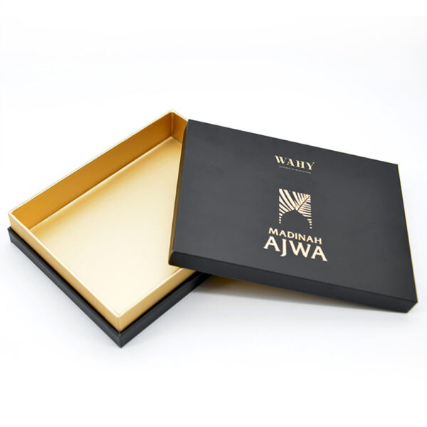 Black Shoulder Neck Ajwa Date Gift Box with Gold Foil Logo