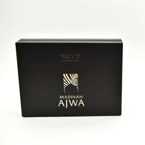 Black Shoulder Neck Ajwa Date Gift Box with Gold Foil Logo