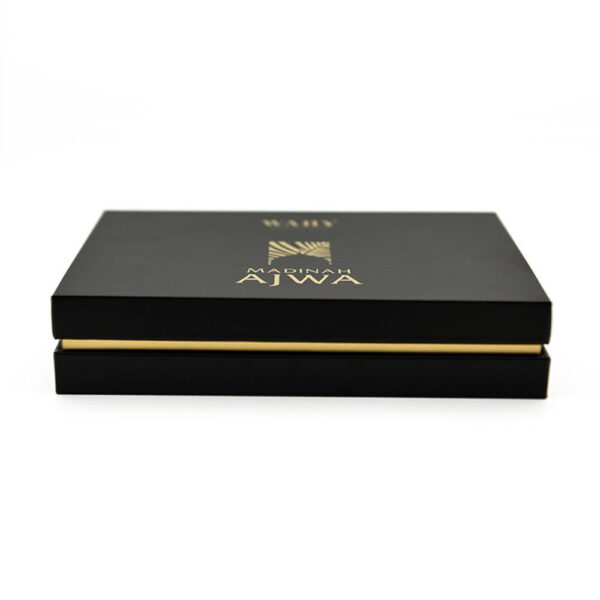 Black Shoulder Neck Ajwa Date Gift Box with Gold Foil Logo