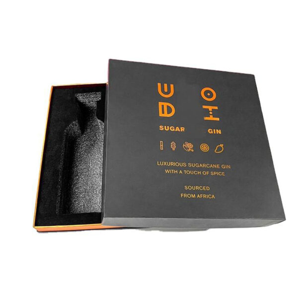 Caja de regalo negra para ginebra, con ribete dorado e inserto
