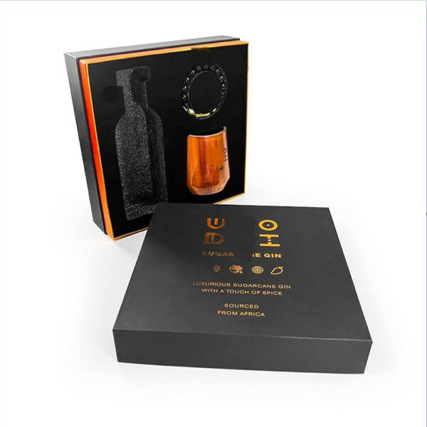 Caja de regalo negra para ginebra, con ribete dorado e inserto