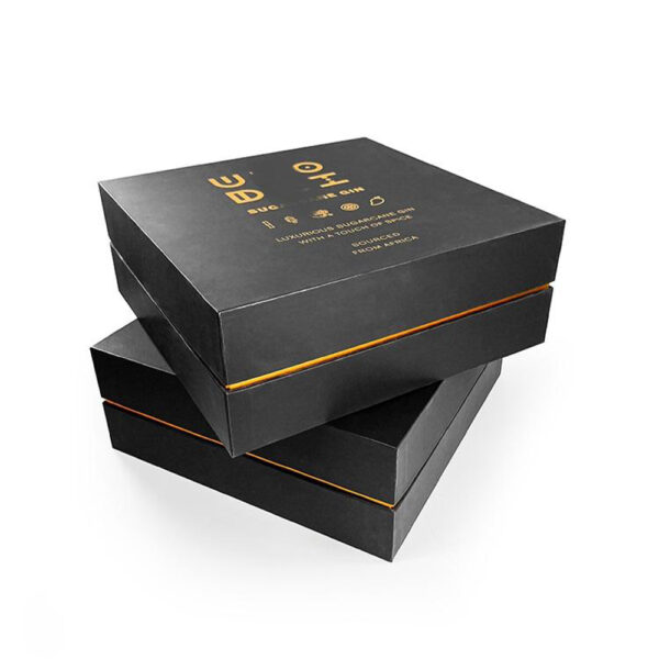 Caja de regalo negra para ginebra, con ribete dorado e inserto