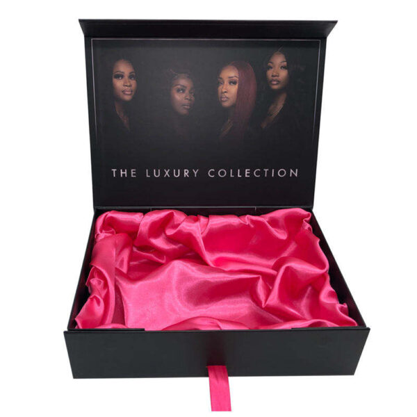 Black Wig Gift Box with Pink Satin Lining and Ribbon Bow