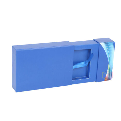 Blue Sliding Gift Box with Dual Recesses and Ribbon Pulls