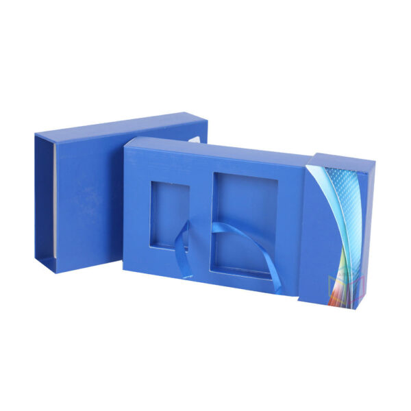 Blue Sliding Gift Box with Dual Recesses and Ribbon Pulls