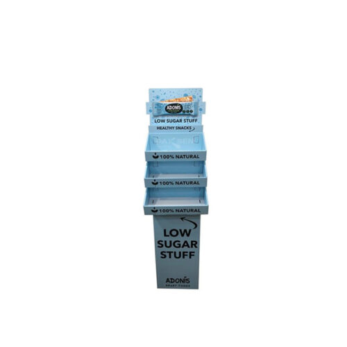 Blue Three-Tier Corrugated Floor Display for Snack Bars Blue Three-Tier Corrugated Floor Display for Snack Bars