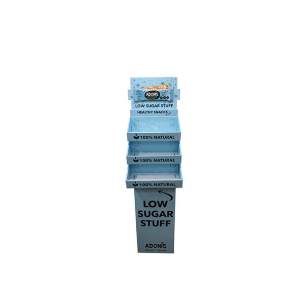 Blue Three-Tier Corrugated Floor Display for Snack Bars