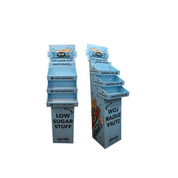 Blue Three-Tier Corrugated Floor Display for Snack Bars
