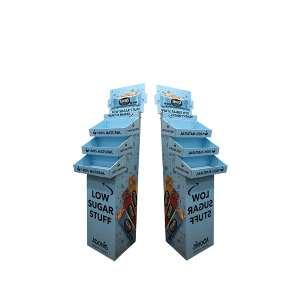 Blue Three-Tier Corrugated Floor Display for Snack Bars