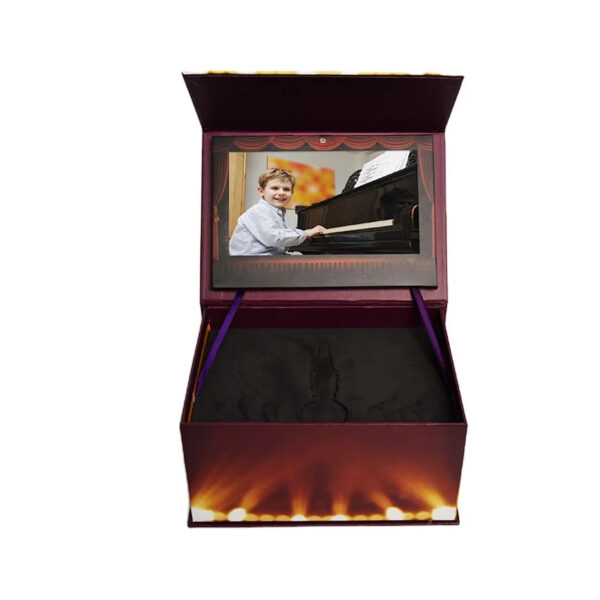 Burgundy LCD Video Gift Box with Black Insert and Ribbon