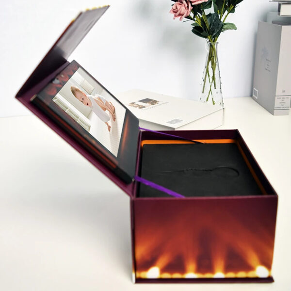 Burgundy LCD Video Gift Box with Black Insert and Ribbon