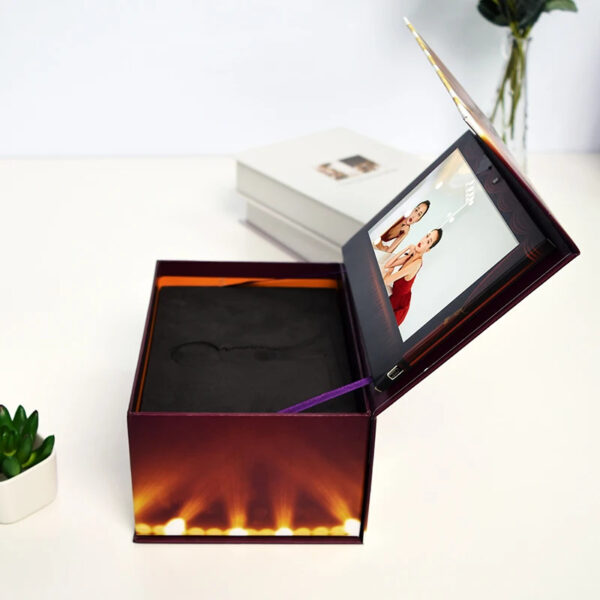 Burgundy LCD Video Gift Box with Black Insert and Ribbon