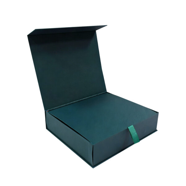 Dark Green Clamshell Rigid Box with Ribbon-Lift Inner Lid