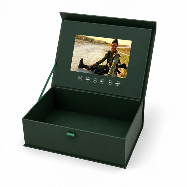 Dark Green Rigid Video Gift Box with LCD Screen and Ribbon