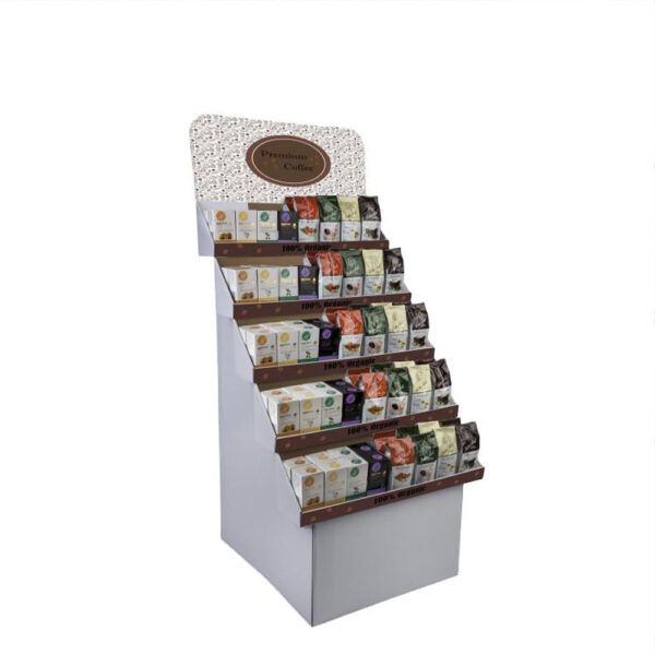 Five-Tier Corrugated Coffee Floor Display with Header