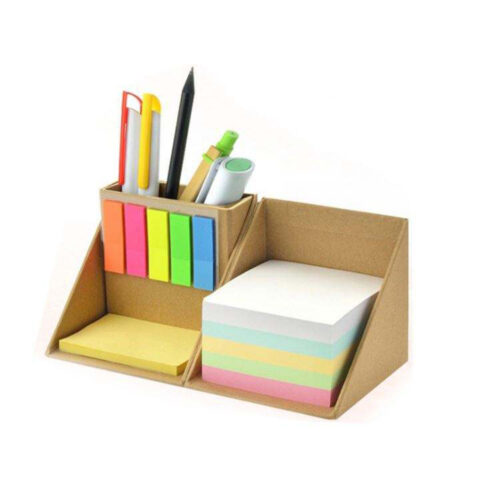 Cubo de notas de papel kraft con tapa abatible, soporte para bolígrafos y marcadores adhesivos Cubo de notas de papel kraft con tapa abatible, soporte para bolígrafos y marcadores adhesivos