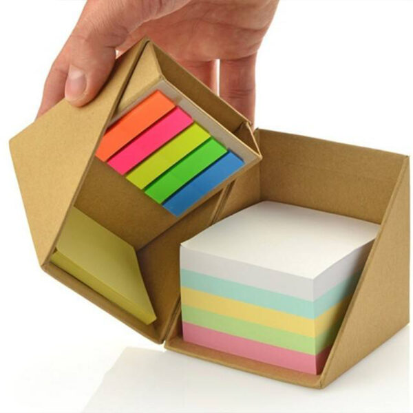 Cubo de notas em papel Kraft com tampa articulada, suporte para caneta e marcadores autocolantes