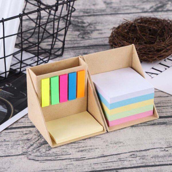 Cubo de notas em papel Kraft com tampa articulada, suporte para caneta e marcadores autocolantes