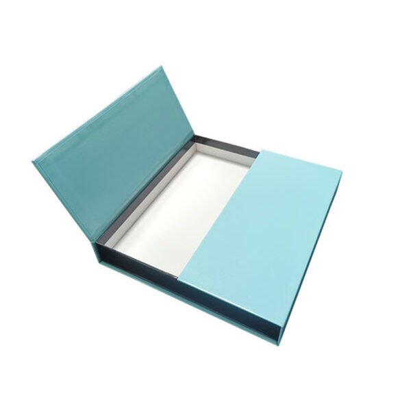 Impresión y acabado de una caja rígida de doble puerta en color «Glossy Aqua»