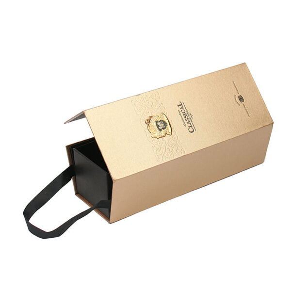 Gold Folding Wine Gift Box with Black Ribbon Handle