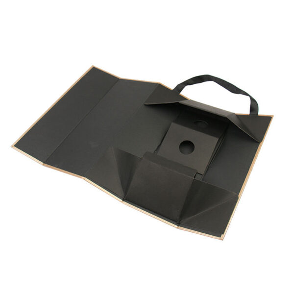 Gold Folding Wine Gift Box with Black Ribbon Handle