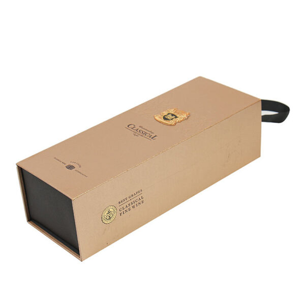 Gold Folding Wine Gift Box with Black Ribbon Handle
