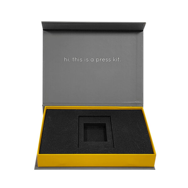 Gray Hinged Press Kit Box with Yellow Tray and Foam Insert