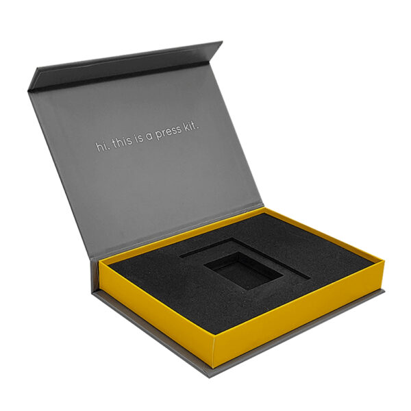 Gray Hinged Press Kit Box with Yellow Tray and Foam Insert