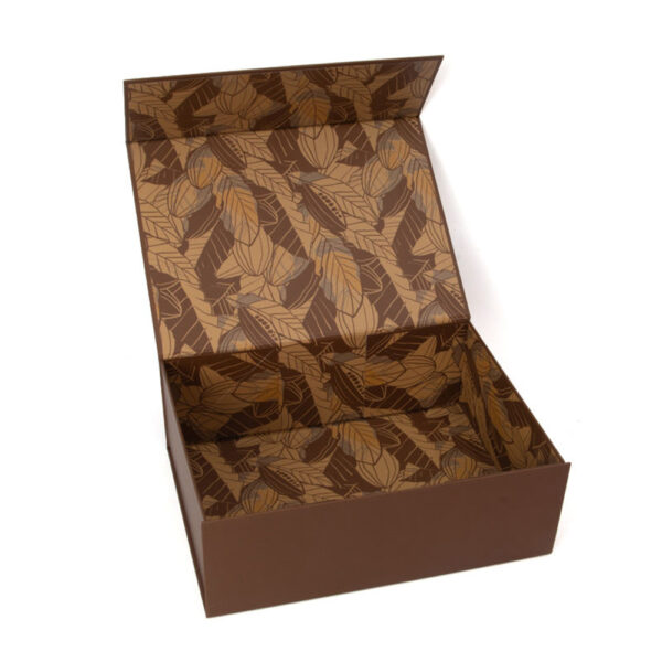 Hinged Chocolate Gift Box with Cocoa Pod Printed Lining