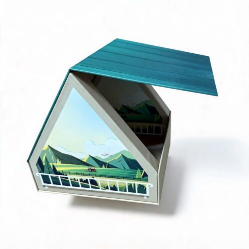 House-Shaped Rigid Gift Box with Hinged Teal Roof Lid House-Shaped Rigid Gift Box with Hinged Teal Roof Lid