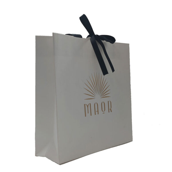 Ivory Paper Shopping Bag with Black Ribbon Bow and Gold Logo