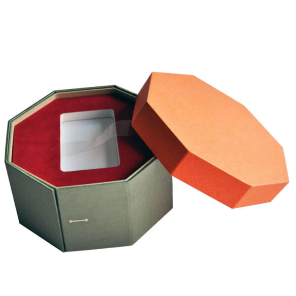 Octagonal Rigid Gift Box with Orange Lid and Display Insert
