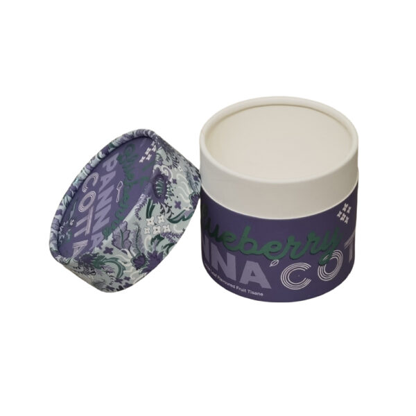 Caja de cartón tubular para té con estampado floral morado y tapa extraíble