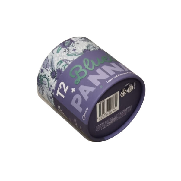 Caja de cartón tubular para té con estampado floral morado y tapa extraíble