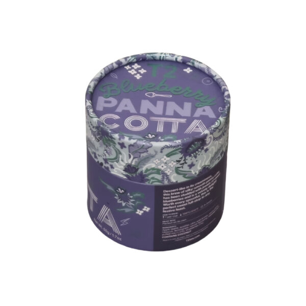 Caja de cartón tubular para té con estampado floral morado y tapa extraíble