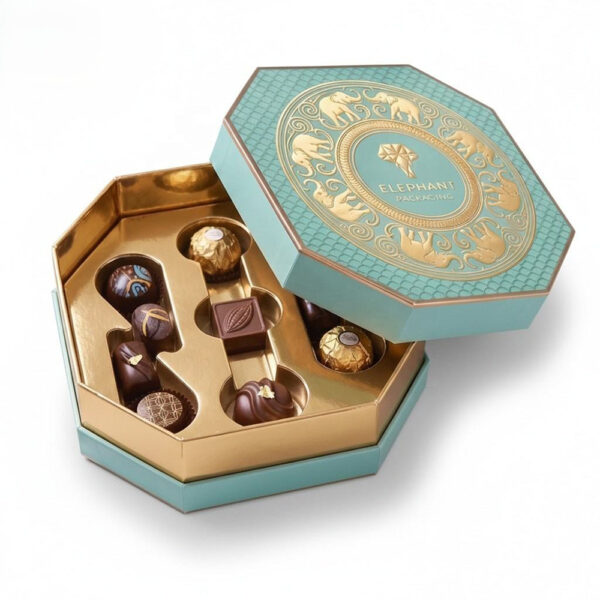 Tealkleurige achthoekige chocoladegeschenkdoos met goudkleurige binnenvoering